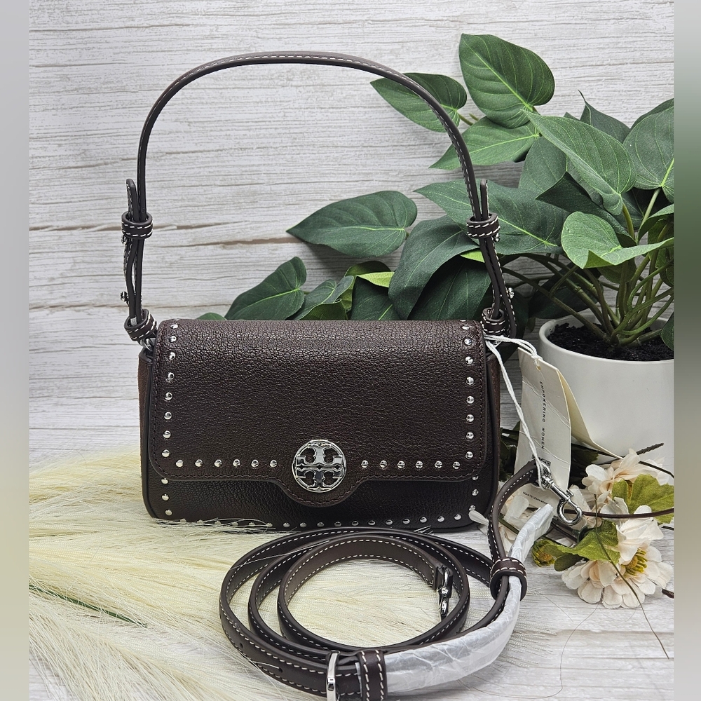 Tory Burch rare brown silver Felix Studs Mini Flap Shoulder crossbody Bag with s